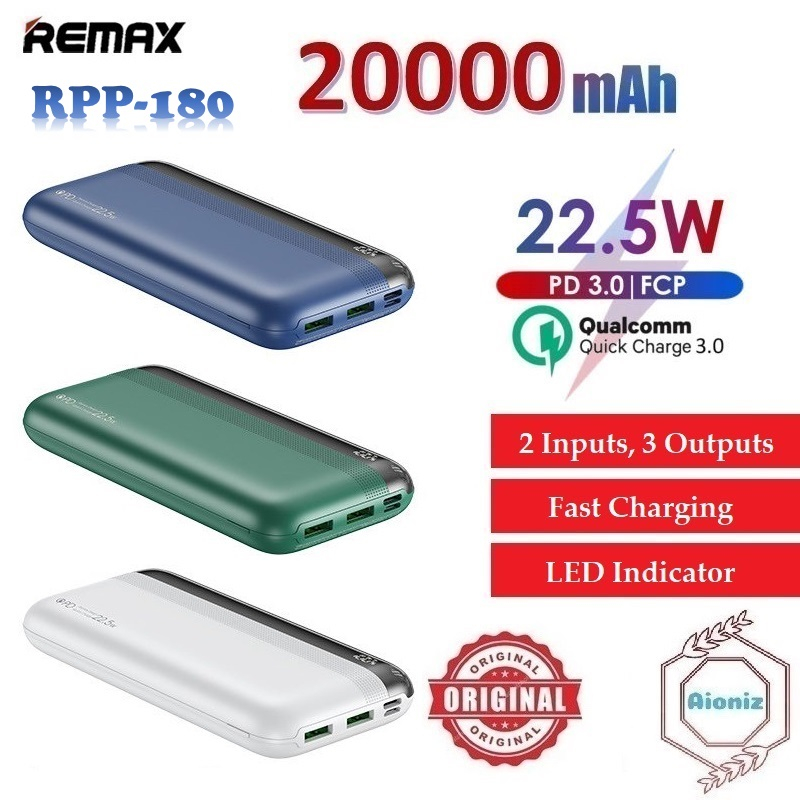REMAX RPP-180 QC22.5W+PD20W Fast Charging 20000mAh 3 Outputs Power Bank ...