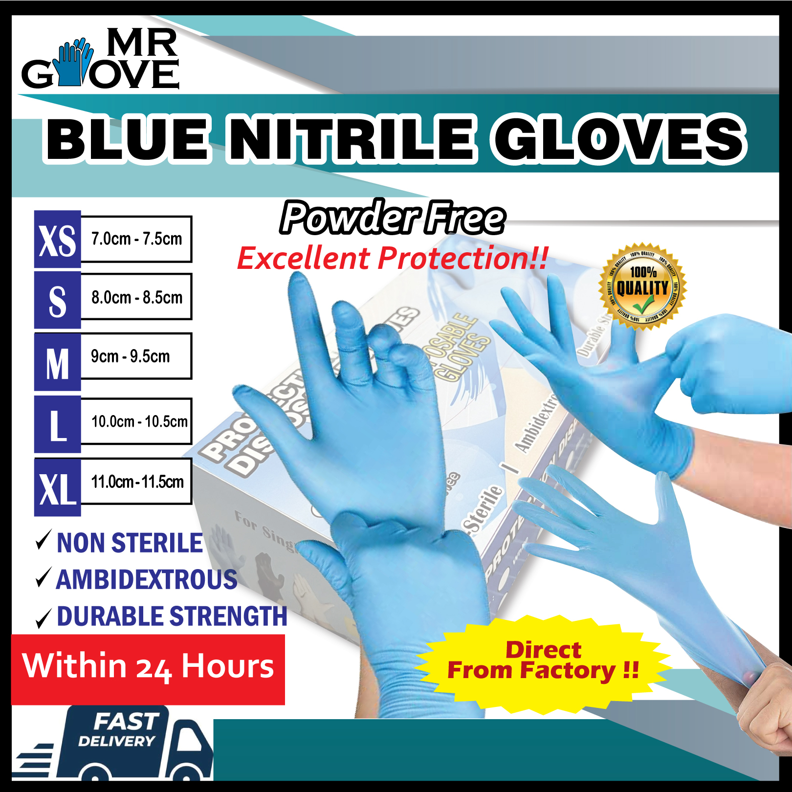 Nitrile Gloves Blue Thick Quality (Powder Free) 100Pcs Sarung