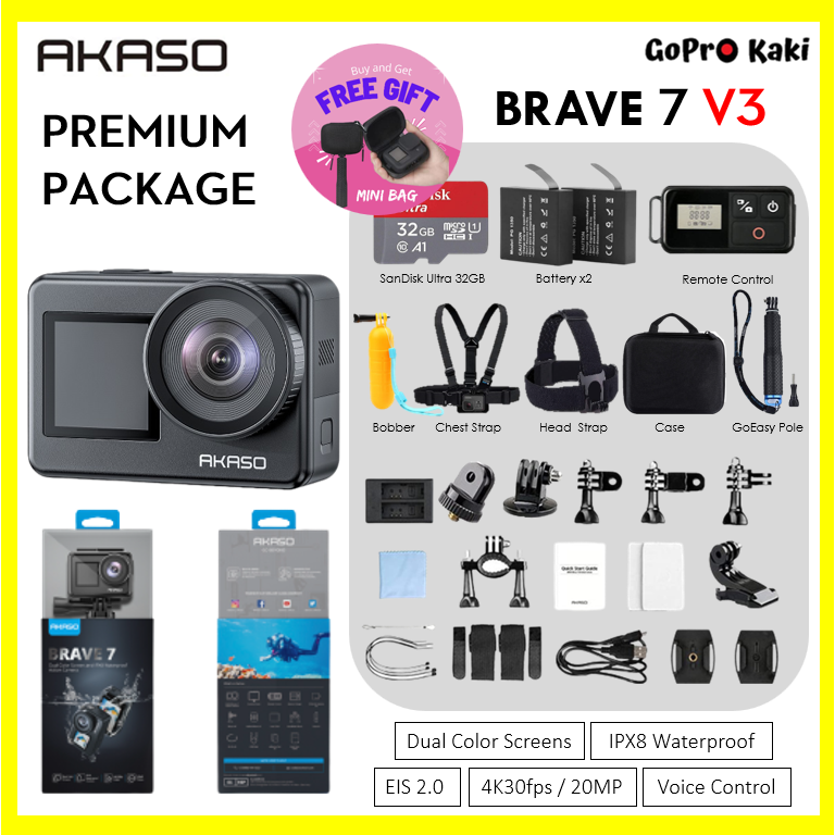 Akaso Brave 7 V3 4K30fps 20MP WiFi Action Camera With ElS 2.0 Touch Screen IPX8 Waterproof
