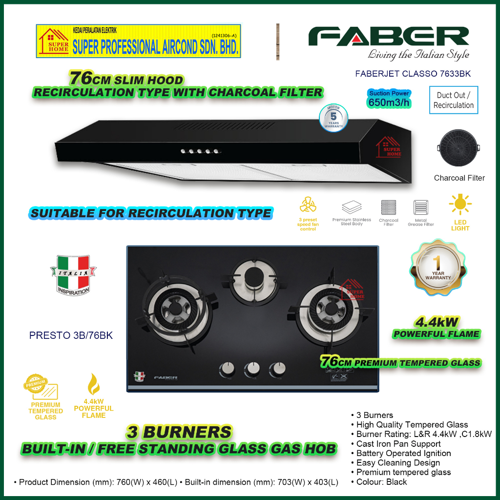 Faber Slim Hood FABERJET CLASSO 7633BK Cooker Hood / Faber Builtin Hob