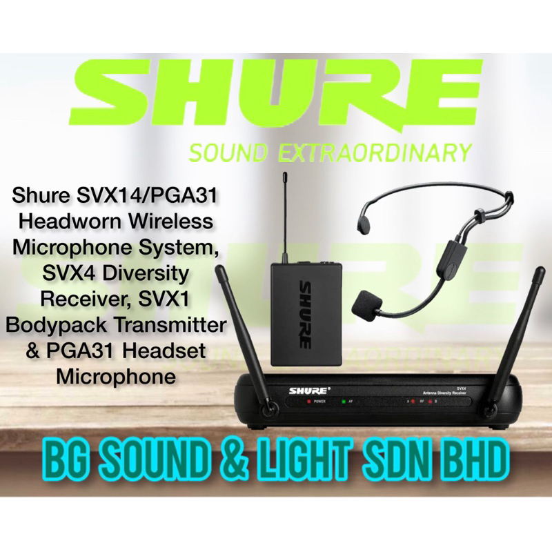 Shure SVX14 PGA31 Headworn Wireless Microphone System SVX4 Diversity Receiver SVX1 Bodypack Transmitter