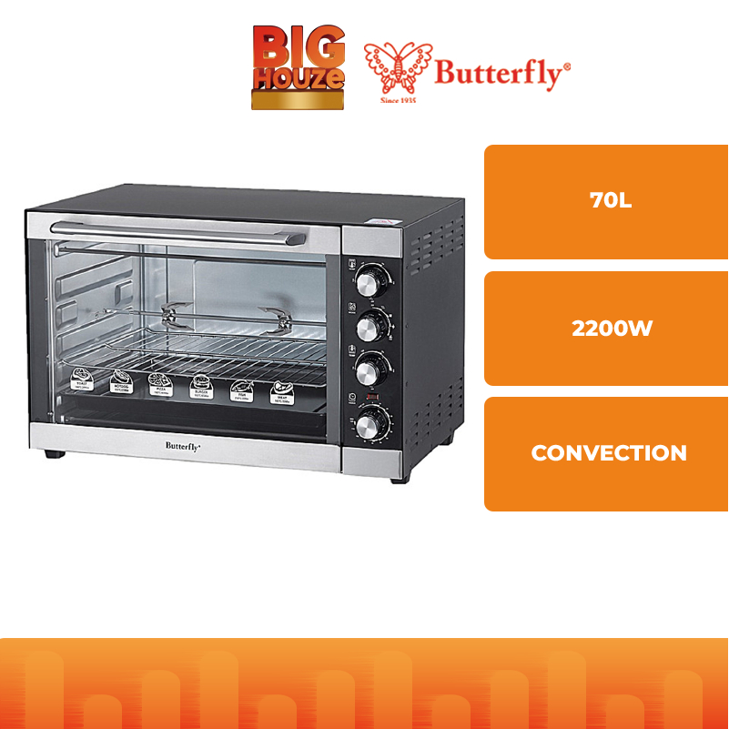 Butterfly 70L Electric Oven BEO-5275 with SEPARATE UPPER LOWER TEMPERATURE CONTROL ROTISSERIE BASKET 2 BAKE TRAYS