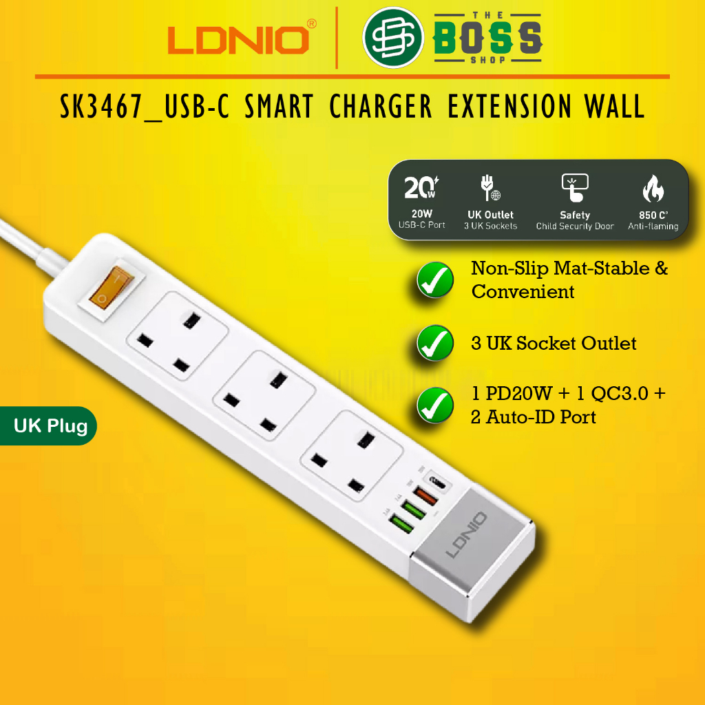 LDNIO SK3467 Extension Plug Power Socket Extantion Plug 3 Outllets PD & QC 3.0 TypeC Port