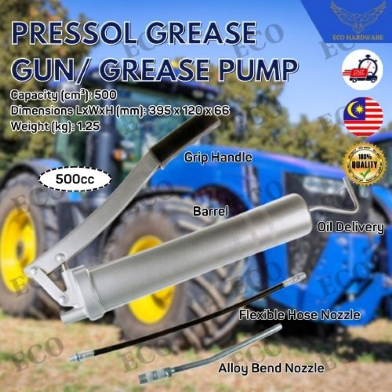 PRESSOL Pneumatic Action Hand Lever Grease Gun Pump Manual Flexible Hose 500CC Lubrication