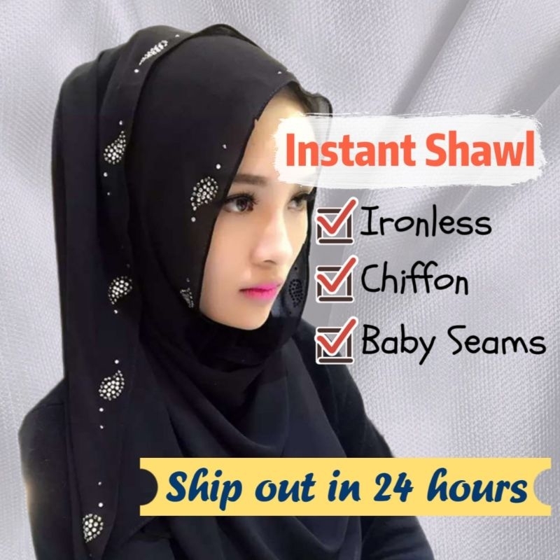 Ironless Instant Shawl Manik🔥🔥Premium Rhinestone chiffon soft lembut 🇲🇾