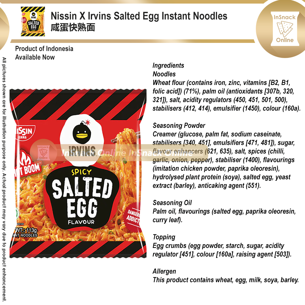 Nissin X Irvins Salted Egg Instant Noodles 113g 日清咸蛋面 Spicy Singapore ...