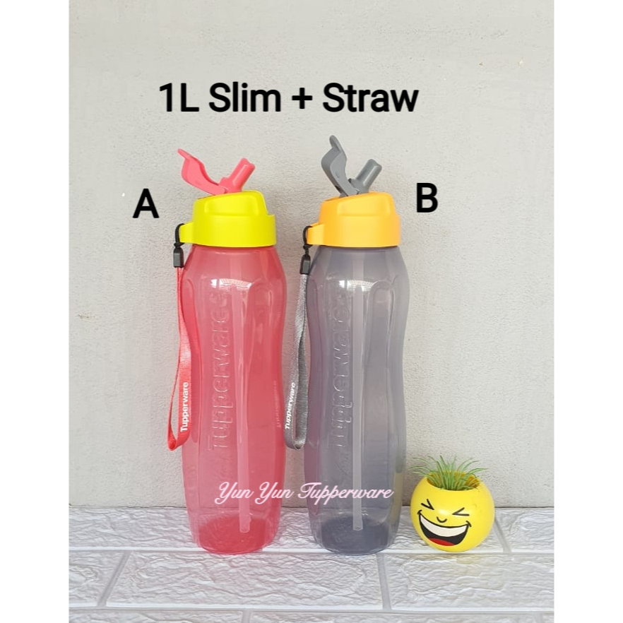 Tupperware Large Slim Eco Water Bottle w/ Straw 32oz Black New