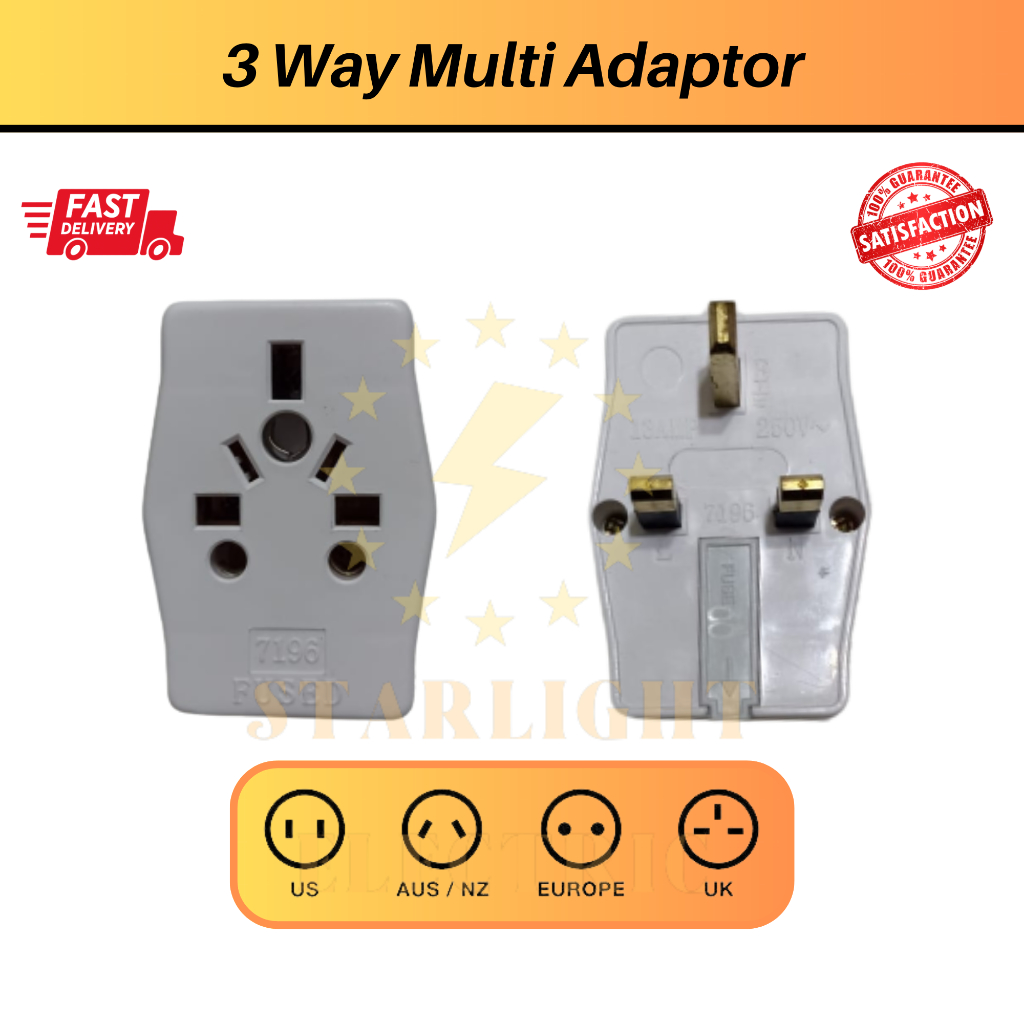 13AMP Fused 3Way Multi Adaptor (7196) Suitable use on AUS/EU/UK/US Plug ...