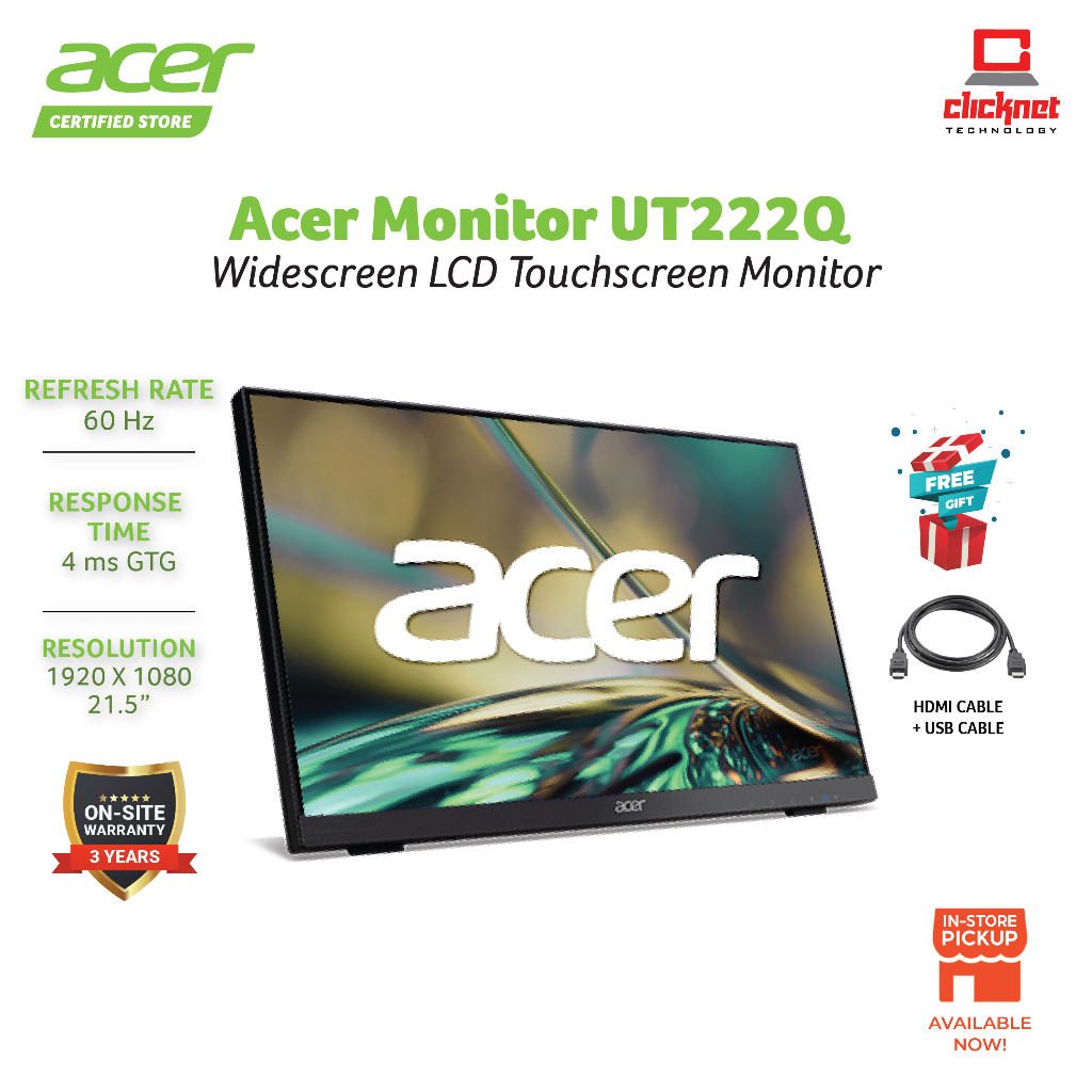 ACER UT222Q BMIP 21.5'' FHD LED TOUCH MONITOR, 1920 X 1080, 5Ms, HDMI ...