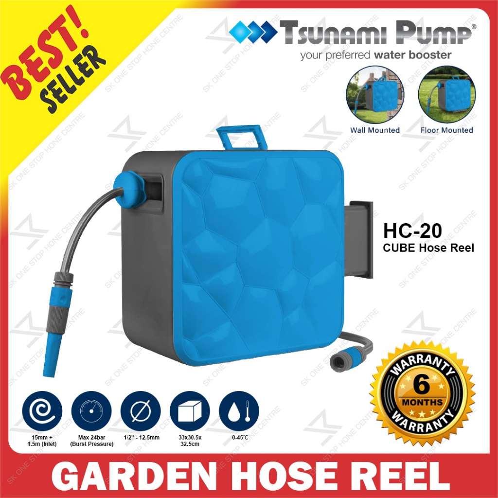 Tsunami Pump HC-20 CUBE 20m Garden Hose Reel Automatic Retractable & Rewind  Free Standing & Wall Mounted HC20 Car Wash