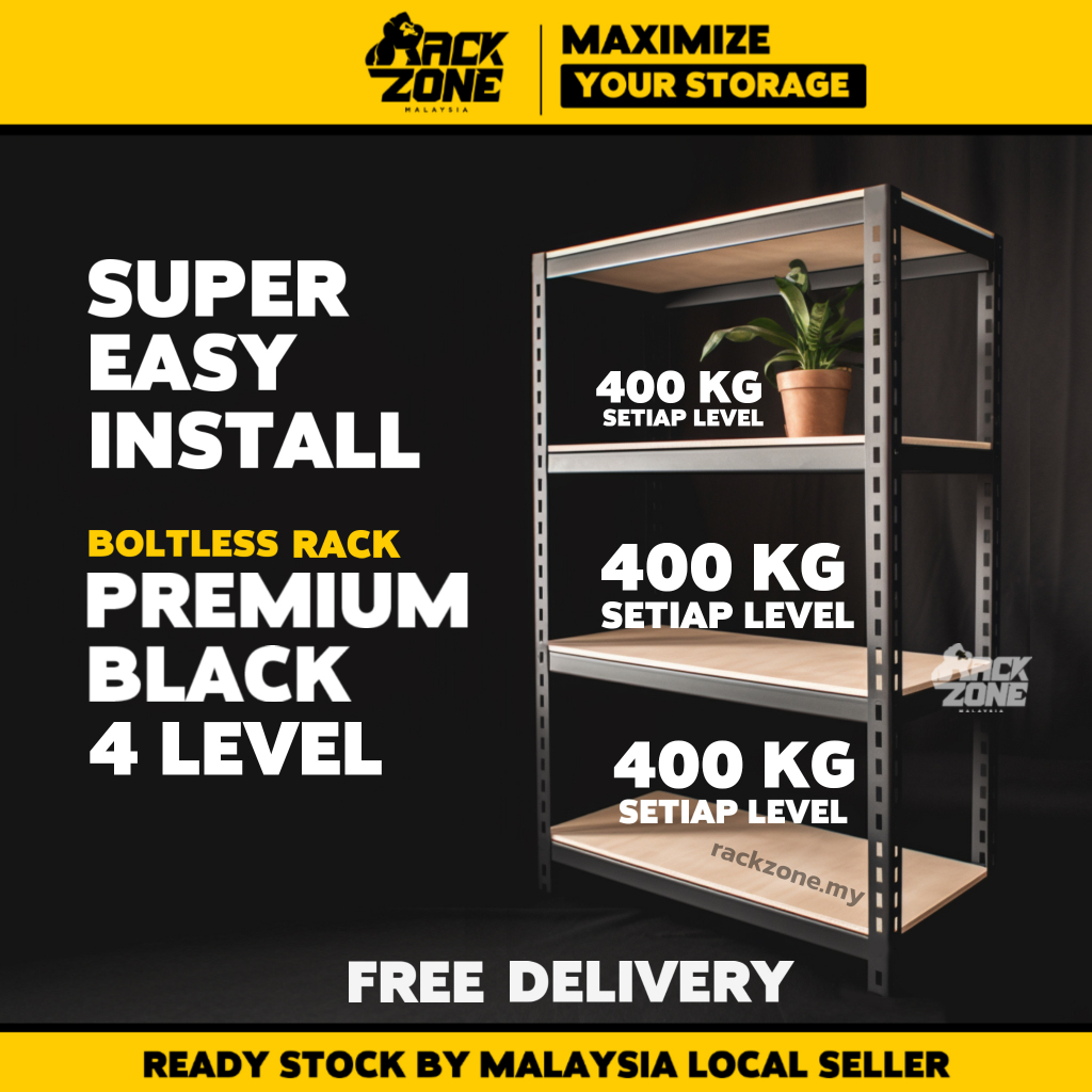 RACKZONE Black 4 Tier Rak Boltless Rack Heavy Duty Rak Besi Bertingkat Rak Dapur Kitchen Rack