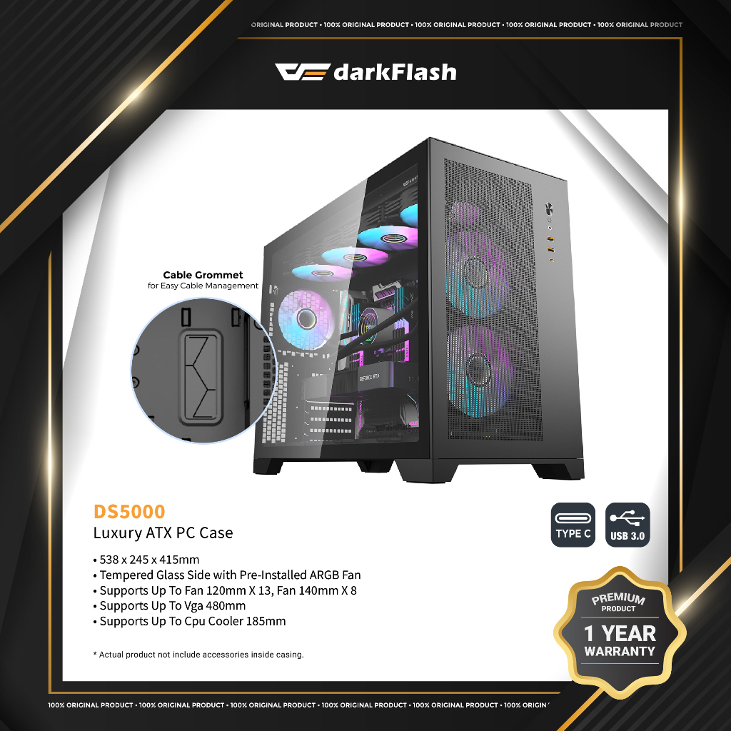 darkFlash DS5000 Luxury ATX Casing with pre-installed aRGB fans - Black ...
