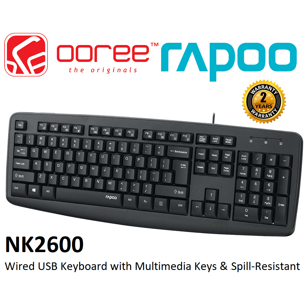 RAPOO NK2600 WIRED USB DESKTOP KEYBOARD WITH SPILL-RESISTANT, LASER ...