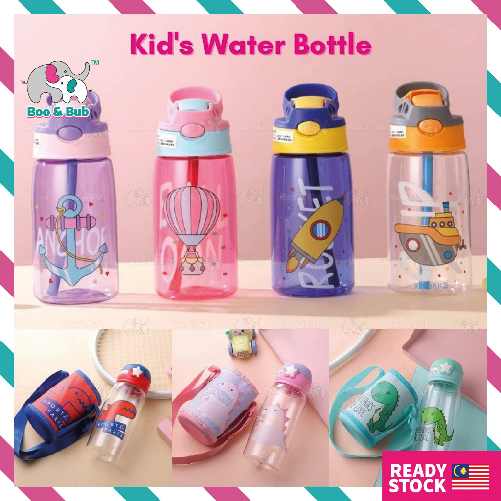 Boo&Bub Kids Water Bottle BPA FREE 480ml with Drinking Straw Water ...