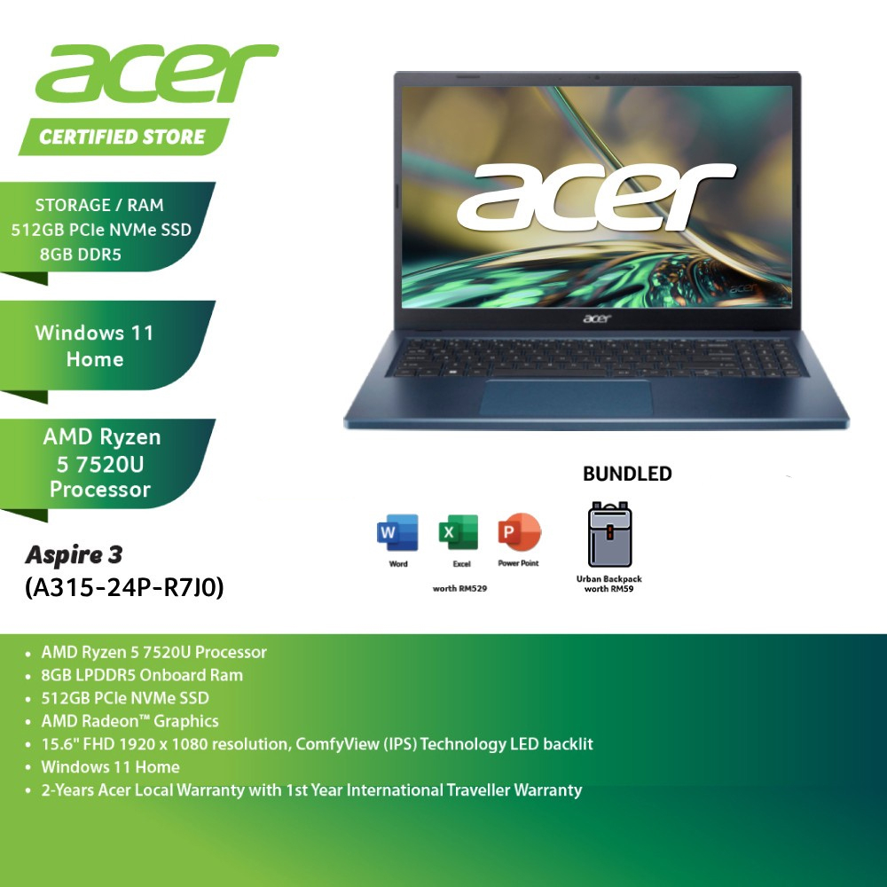 Acer Aspire 3 Laptop (15.6" FHD/Ryzen 5 7520U/8GB/512GB SSD/ATI/W11 ...