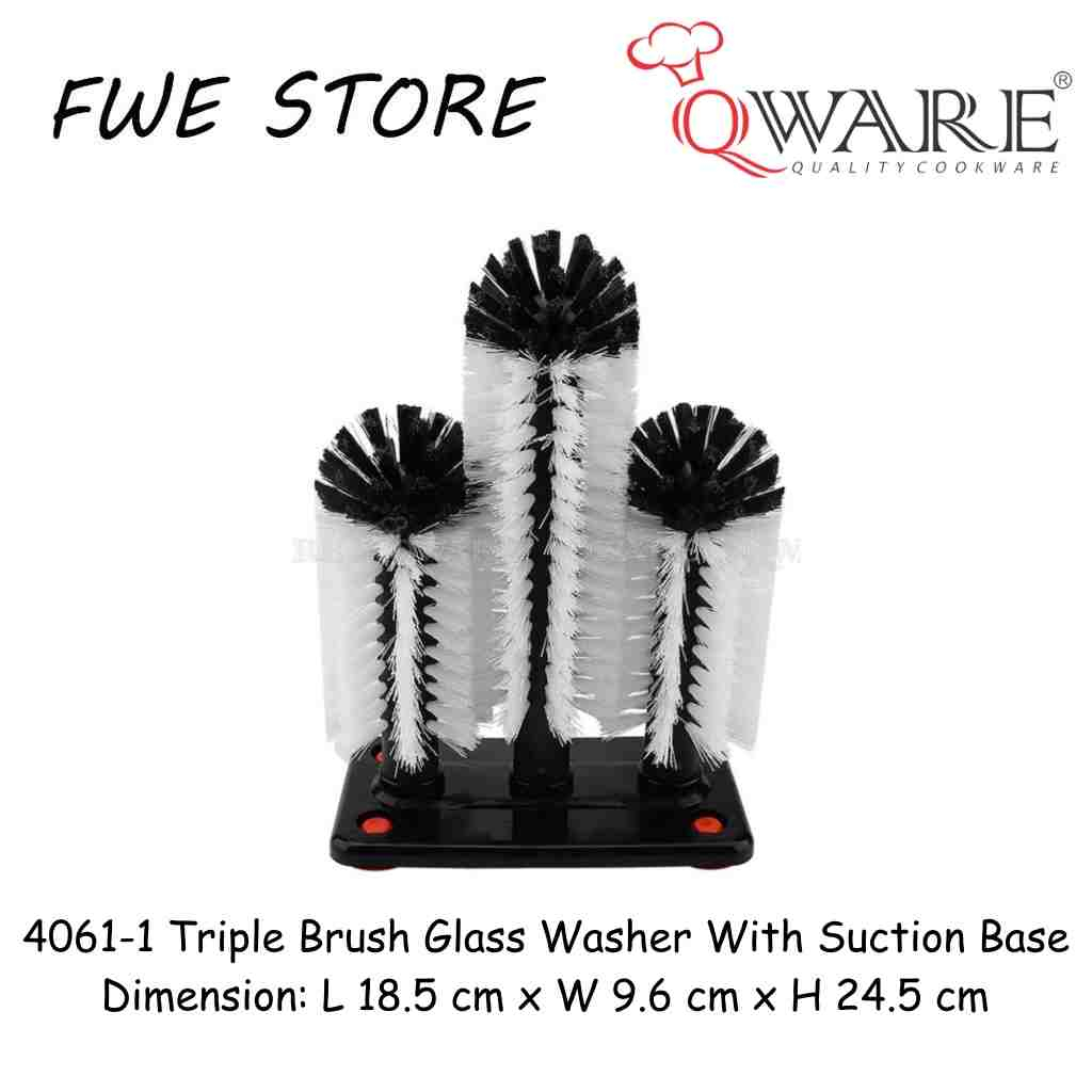 Qware Triple Brush Glass Washer With Suction Base / Kitchen Brush