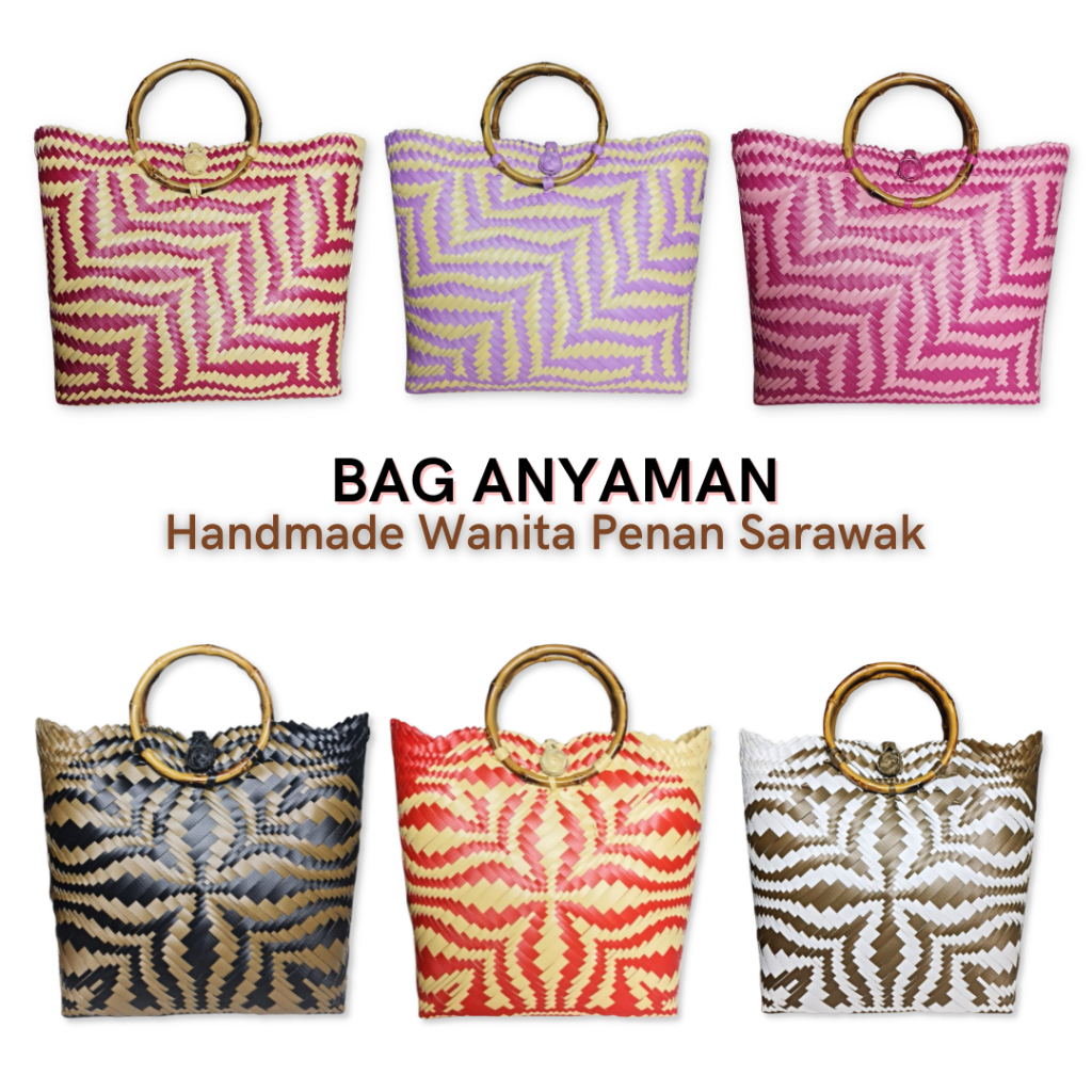 Multicolour Bag Anyaman Tradisional Rotan Handle Tote Bag Women Tangkai Buluh Pvc Bakul