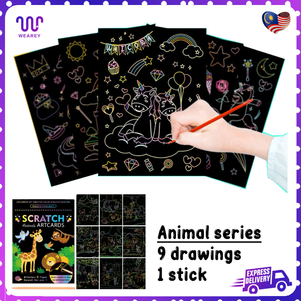 9 IN 1 Scratch Artcards Scrape Coloring Book Children Art Painting ...