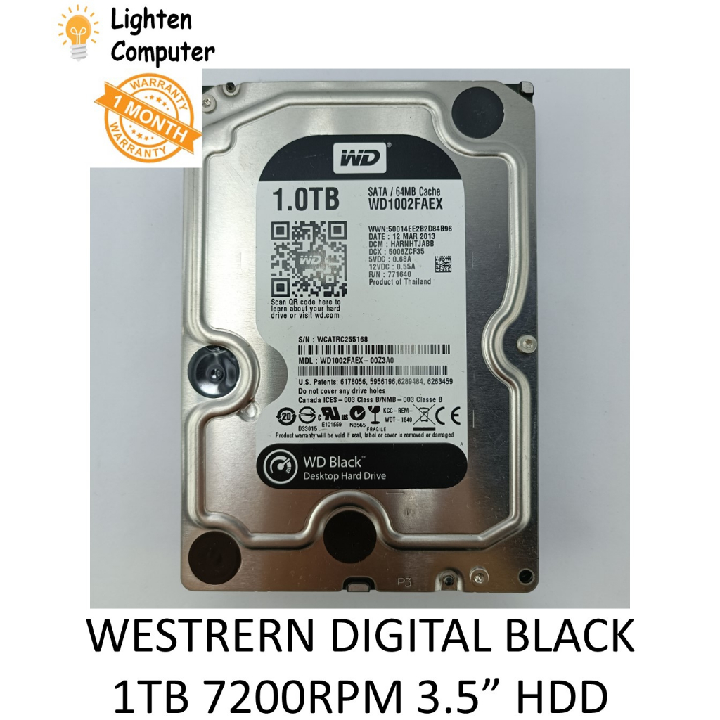 【USED】 WESTERN DIGITAL 3.5" INCH BLACK SATA HDD 1TB 7200RPM 64MB CACHE