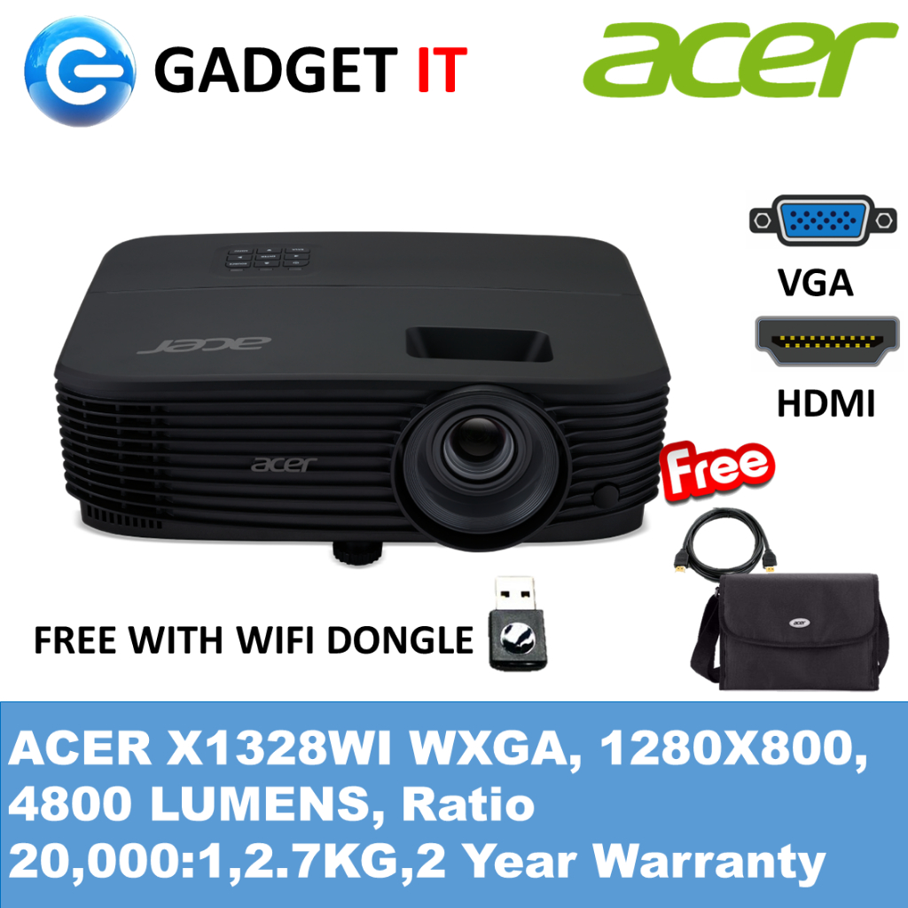 ACER X1328WI DLP WIFI PROJECTOR ( WXGA 1280X800, 5000 LUMENS, 20000:1) + ACER CARRY CASE + HDMI CABLE + WIFI DONGLE | Shopee Malaysia ACER X1328WI DLP WIFI PROJECTOR ( WXGA 1280X800, 5000 LUMENS, 20000:1) + ACER CARRY CASE + HDMI CABLE + WIFI DONGLE | Shopee Malaysia