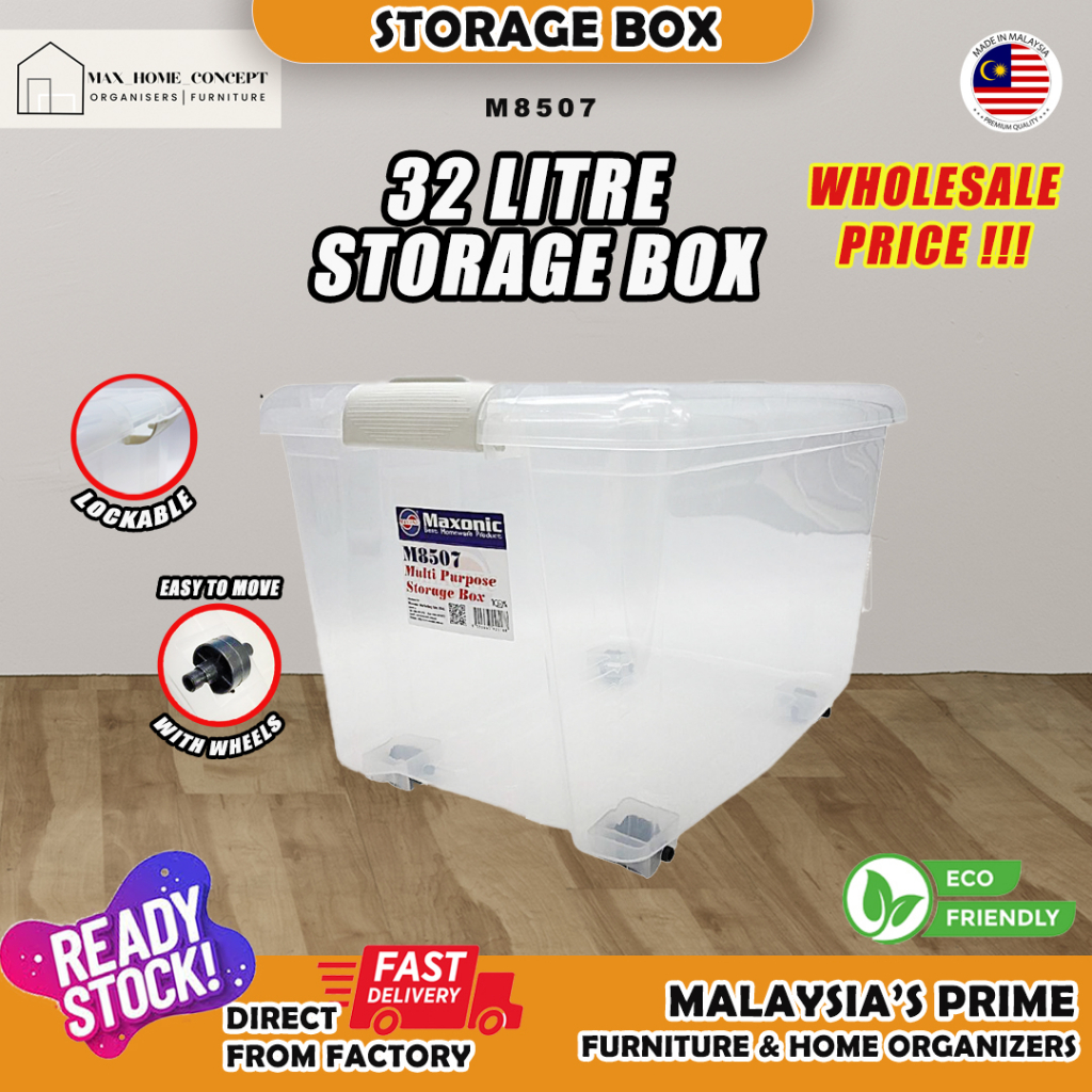 32L STORAGE BOX WITH WHEELSTRANSPARENT HEAVY DUTY MULTIPURPOSE STORAGE
