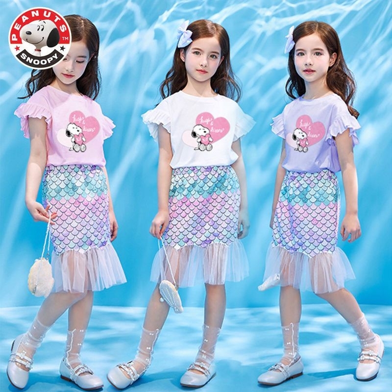 6Y-16Y snoopy mermaid tail Ariel princess top and skirt set suits teen ...