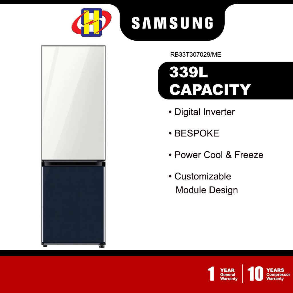 Samsung Refrigerator (339L/White+Navy) BESPOKE Bottom Mount Freezer