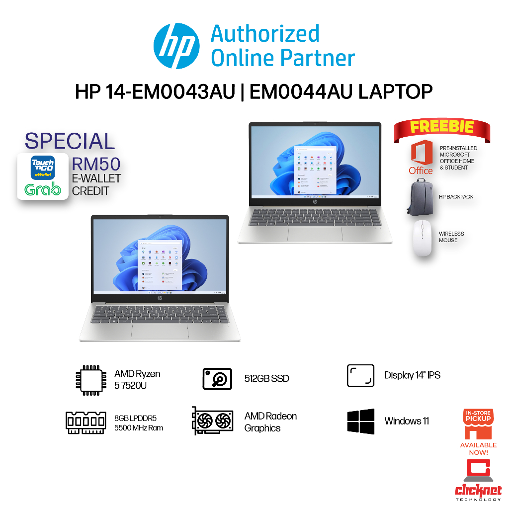 HP 14-EM0043AU/14-EM0044AU LAPTOP (R5-7520U, 8GB RAM , 512GB, AMD