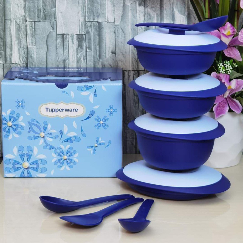 Tupperware Blue Royale Blossom Petit Serveware Set Round Server