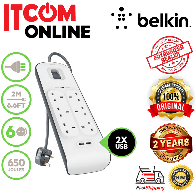 BELKIN 6-PLUGS + 2-PORT USB SURGE PROTECTOR EXTENSION SOCKET 2M ...