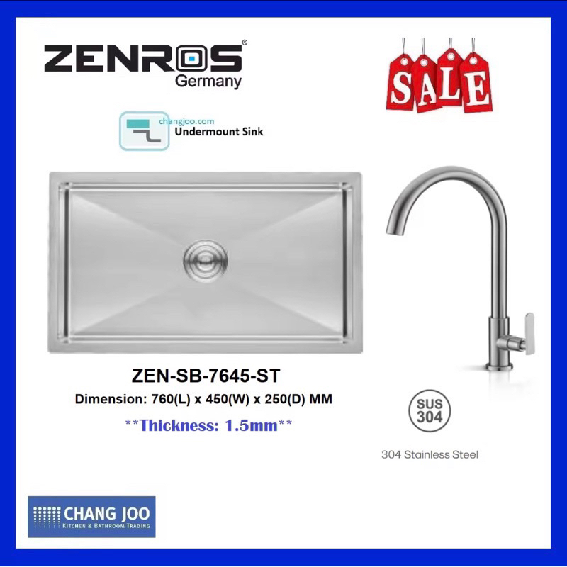 Zenros ZEN-SB-7645-ST 1.5mm Thickness Stainless Steel Sink + Water Tap ...