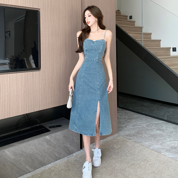 New vintage denim slit dress women sexy slim waist midi dress | Shopee ...