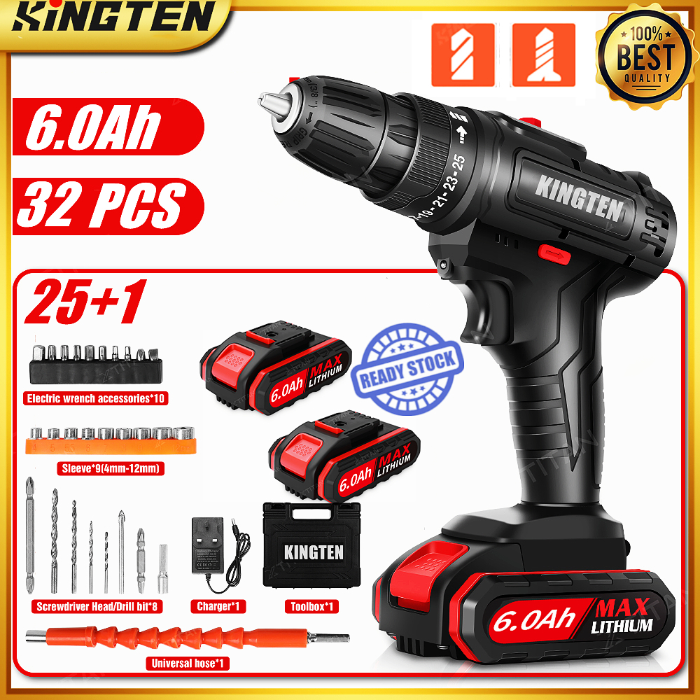 KINGTEN 688VF Cordless Hand Drill Cordless Electric Drill 25+1 Torque Screwdriver Set Shopee