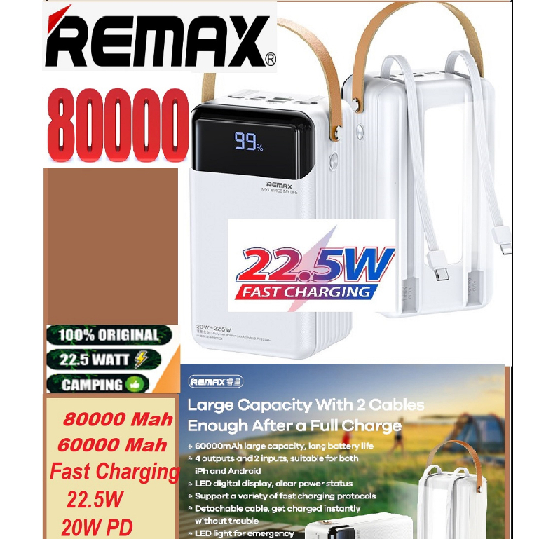REMAX Power Bank 80000mAh 60000mAh Camping Outdoor Fast Charging 22.5W ...