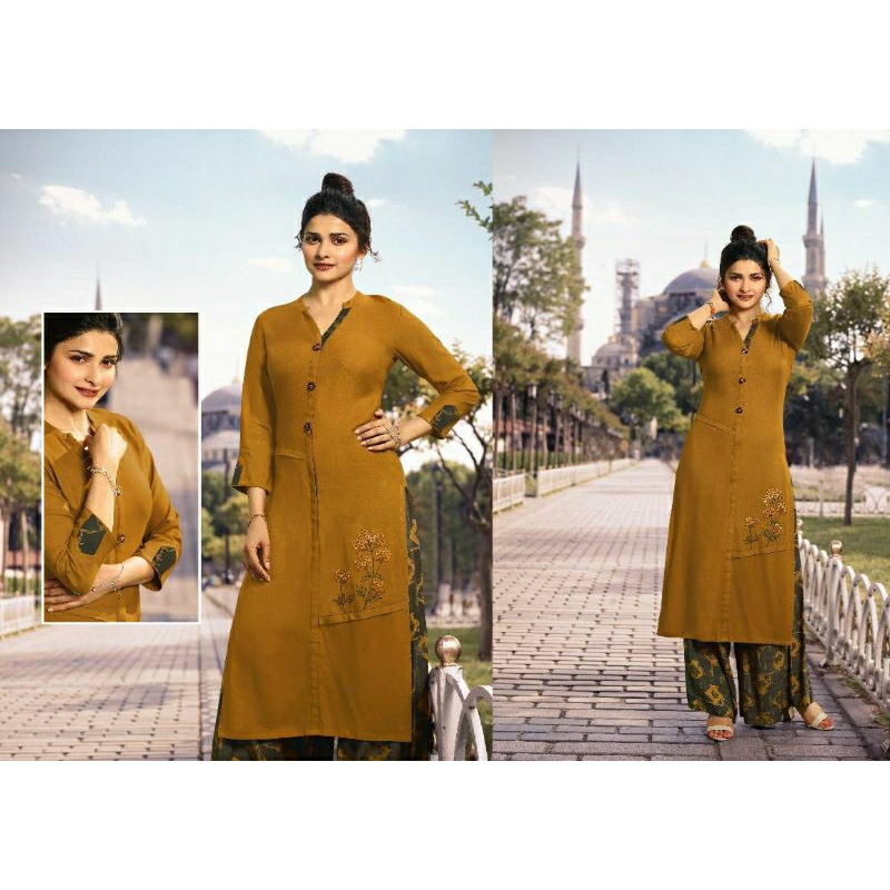 Set of 2: Grey Kurta & Pallazo With Kantha Embroidery main image 0