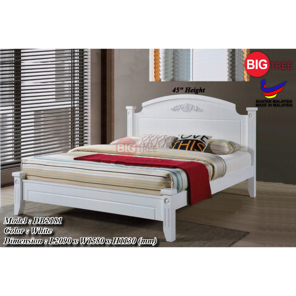 Big Tree Classic White Wooden Queen Bed Frame / Katil Queen Kayu