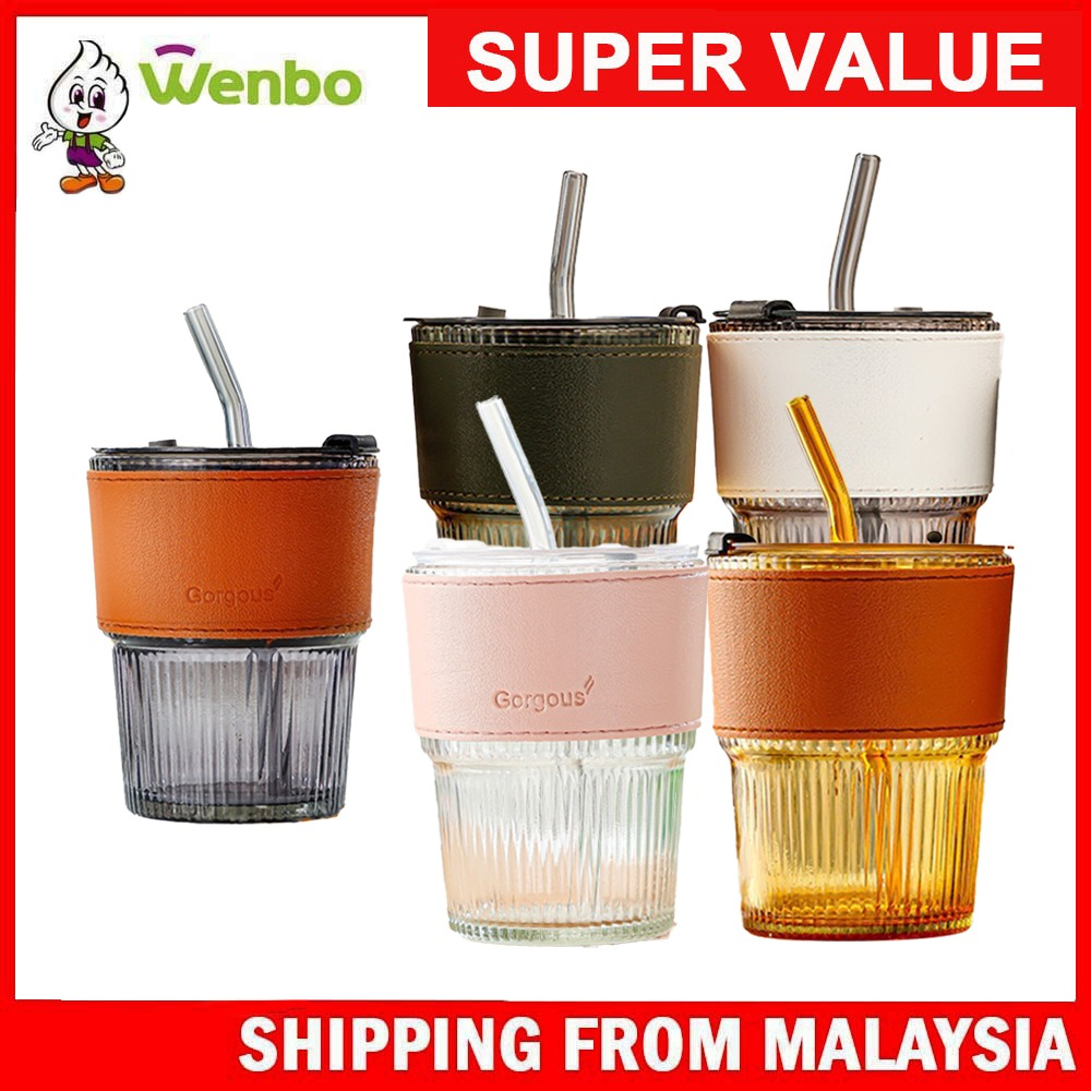 Wenbo 400ml Glass Water Coffee Cup With Straw Portable Office Water Cup