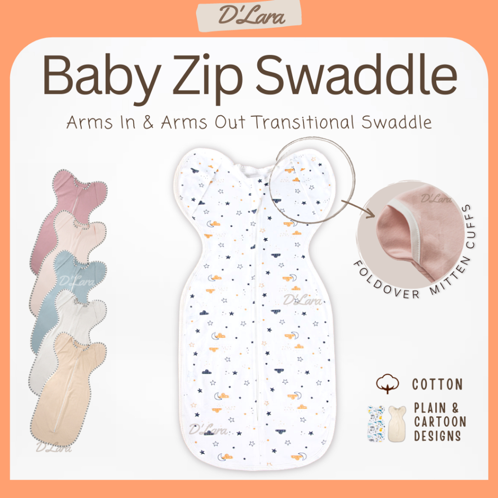 D'LARA Cotton Baby Zip Swaddle Large Size Arms Up with Foldover