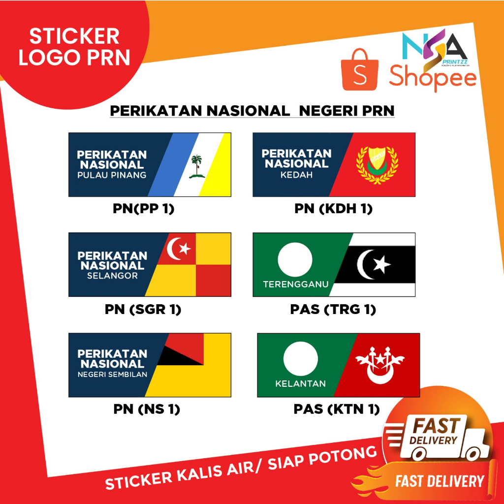 Sticker Perikatan Nasional PAS HARAPAN PRN Kedah Pulau Pinang Selangor
