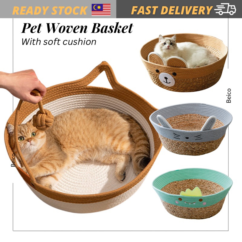 Cotton Woven Cat Bed, Big Round Cat Woven Basket Bed Cat Scratching Bed