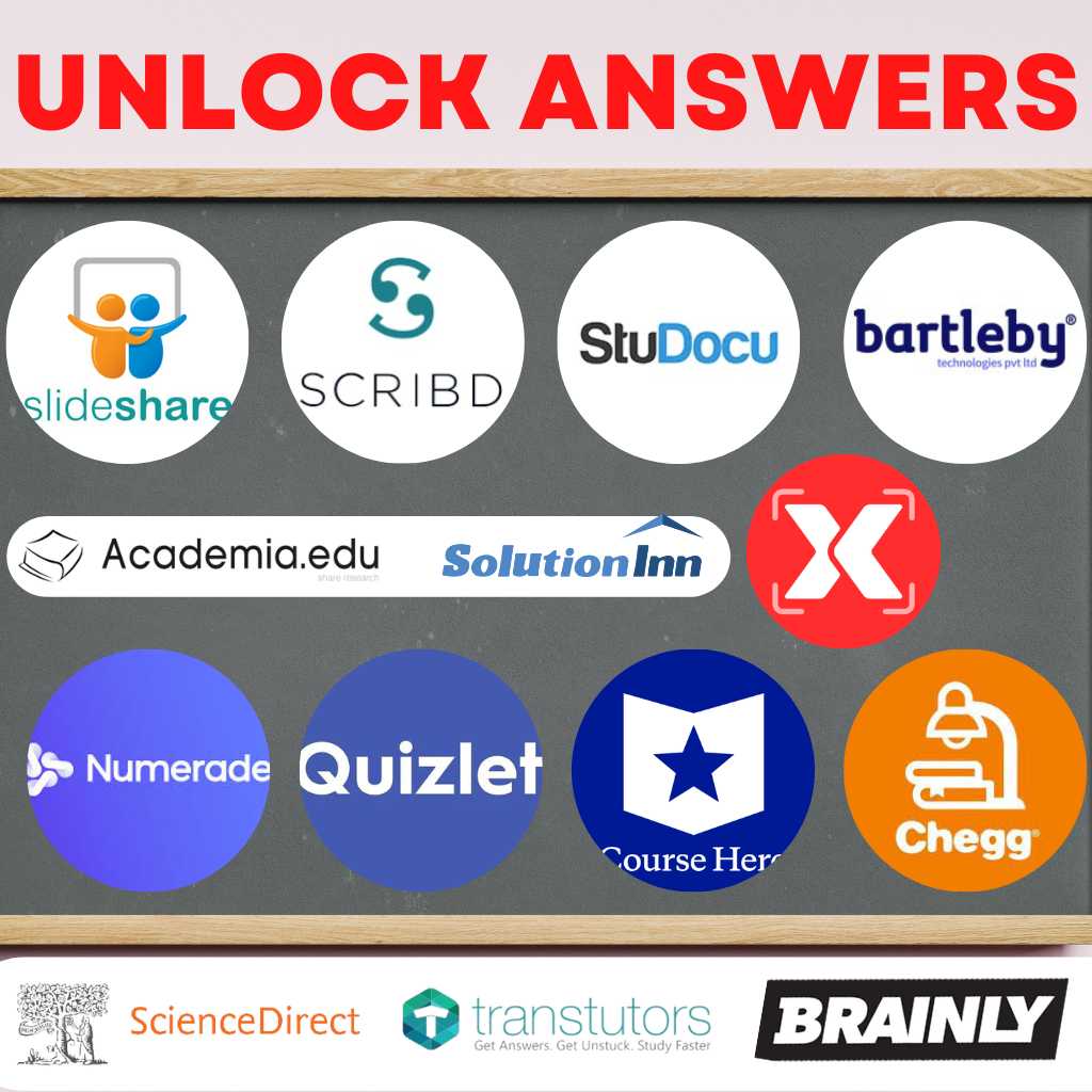 Academia, Scribd, StuDocu, Bartleby, 𝚌𝚑𝚎𝚐𝚐, Quizlet, Slideshare, SolutionInn, Numerade