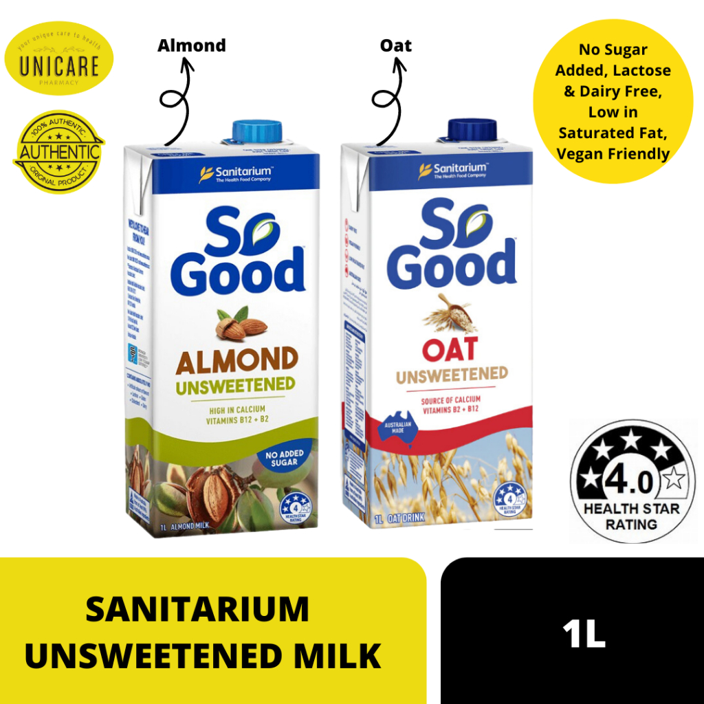 SANITARIUM UNSWEETENED (OAT/ ALMOND) MILK 1L. No Sugar Added, Lactose
