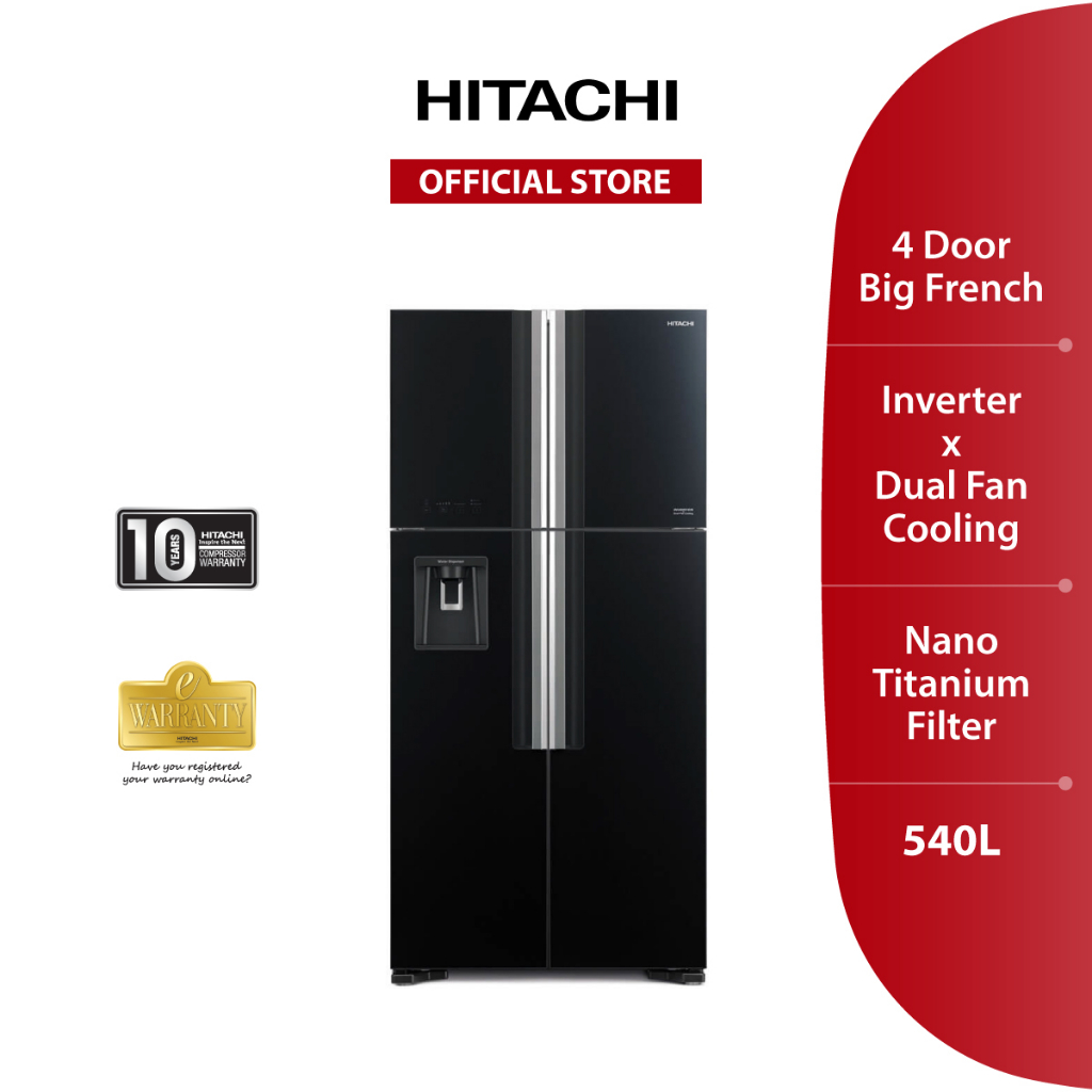 Hitachi Inverter 4 Door Big French Refrigerator 540L (Glass Black) (R