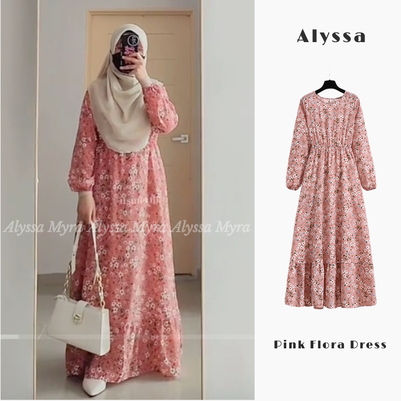 [Malay Stock] Alyssa Fashion Baju Raya 2023 Pink Maxi Dress Elegant Long Sleeve Floral Print Hijab outfit Kain Lembut