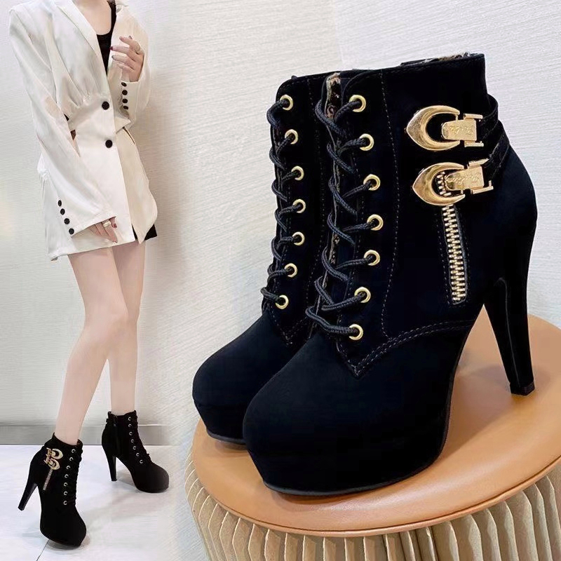 [with box] Elegant Zipper Lace-up Black Martin Boots with Heels for ...