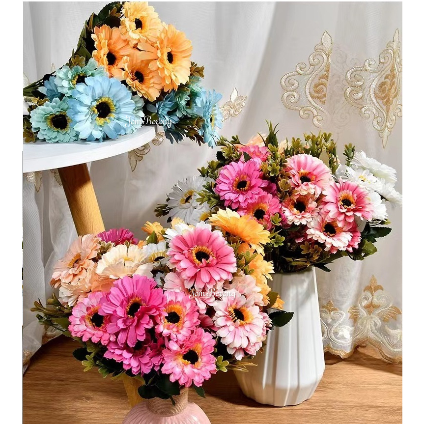 (6 HEADS) GERBERA DAISY MIXED Artificial Fake Flower Bouquet Living ...