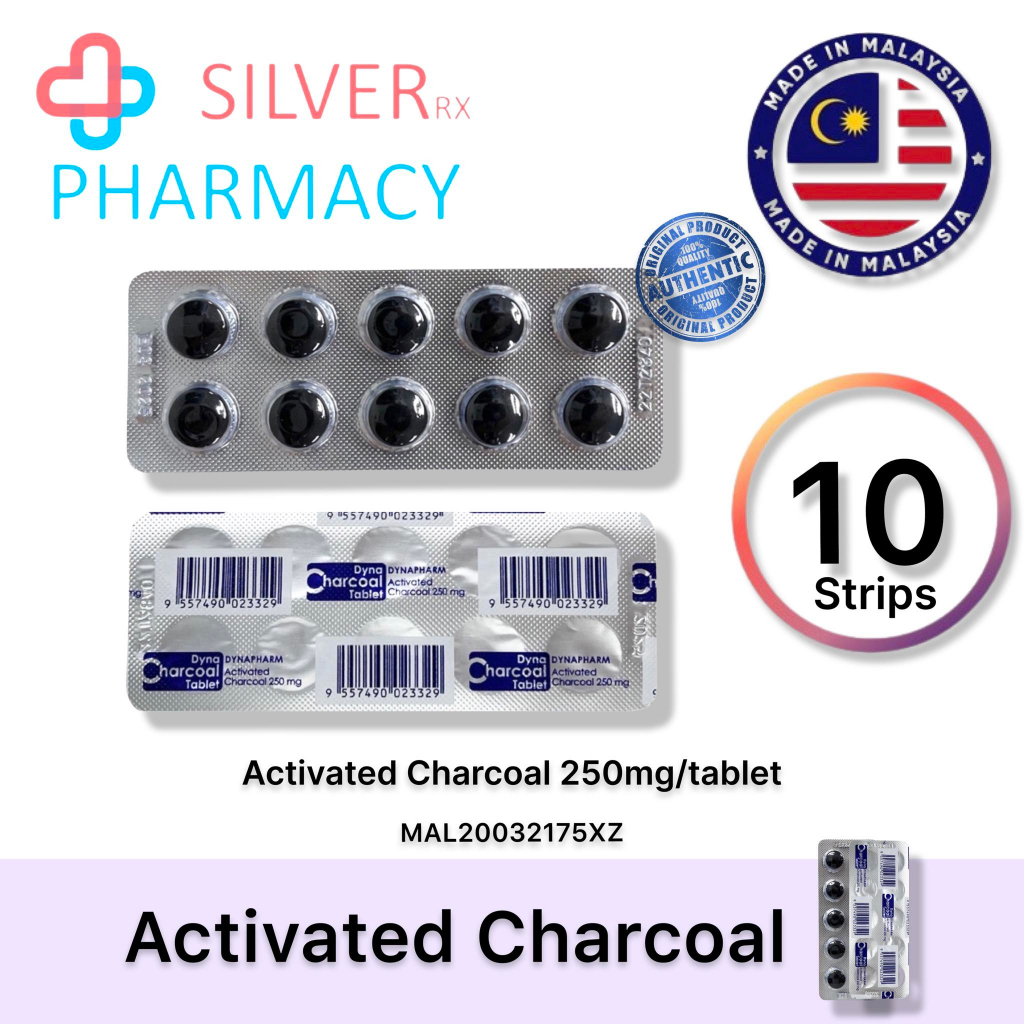 [Exp 08/2025] Dyna Charcoal Tablet Activated Charcoal 250mg 10's/Strip