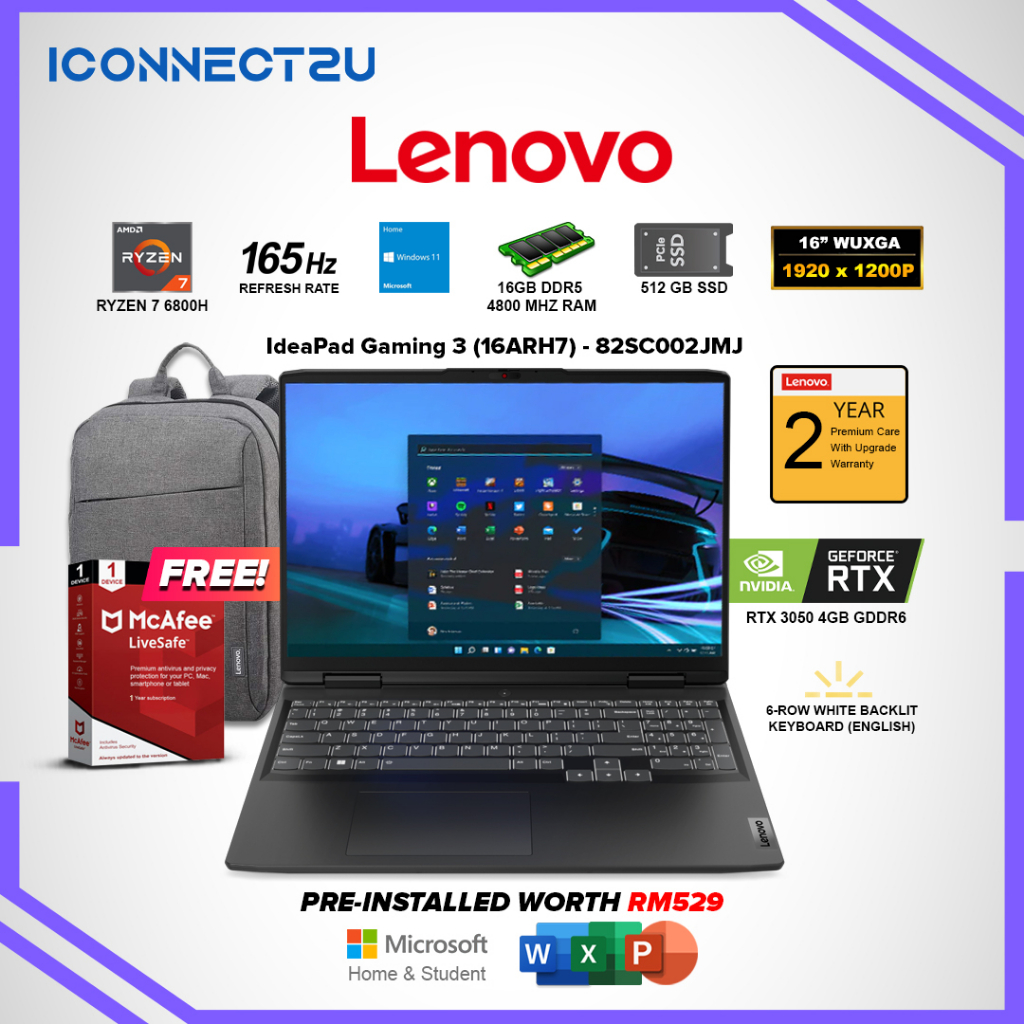 Lenovo IdeaPad Gaming 3 16ARH7 R7-6800H|RTX3050 4GB|16 WUXGA 165HZ|16 ...