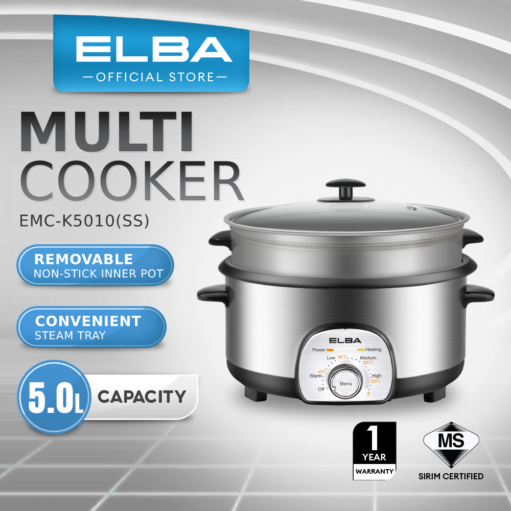 ELBA Multi Cooker EMCK5010(SS) Removable Nonstick Pot, Steam Tray Stainless Steel (5L