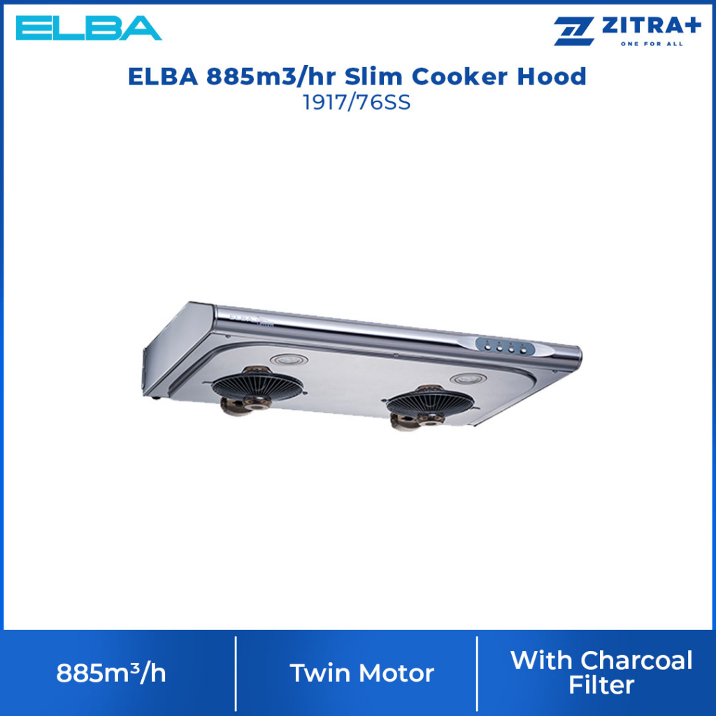 ELBA 885m3/hr Slim Cooker Hood 1917/76SS Twin Motor With Charcoal